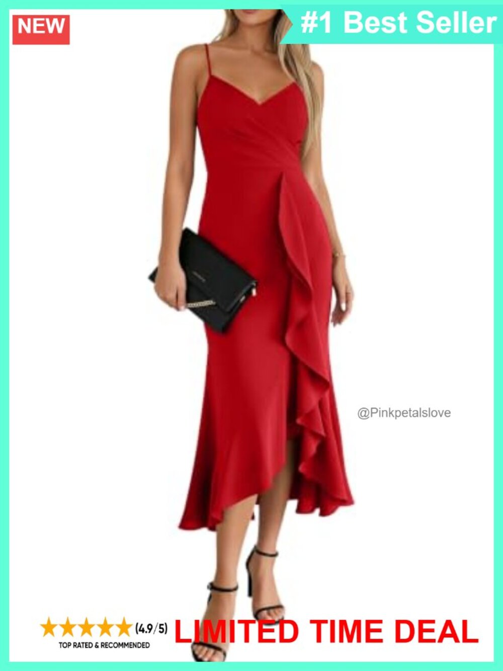 Spaghetti Strap V Neck Bodycon Midi Dress Ruffle Hem Side Slit
